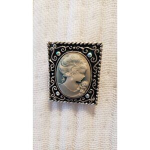 Vintage Cameo Brooch: Silver Tone Rhinestone Frame, Lady on Blue